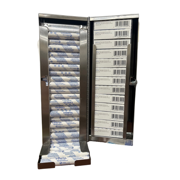 The SD5000SS - Stainless steel, dual tampon and sanitary napkin dispenser by Golden Group International. Lockable cabinet, showing the open to refill view, wall mountable for use in public restrooms to provide
