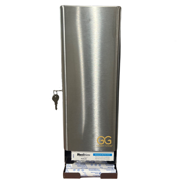 The SD5000SS - Stainless steel, dual tampon and sanitary napkin dispenser by Golden Group International. Lockable cabinet, front view, wall mountable for use in public restrooms to provide