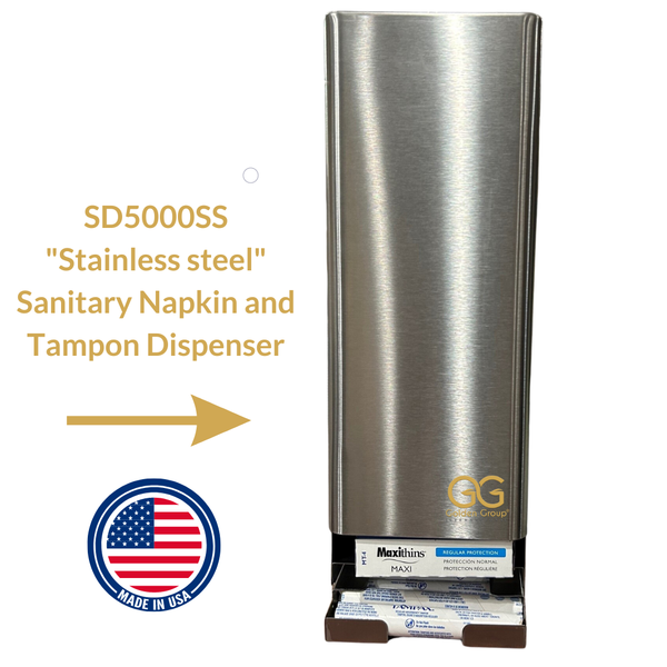 The SD5000SS - Stainless steel, dual tampon and sanitary napkin dispenser by Golden Group International. Lockable cabinet, wall mountable for use in public restrooms to provide "Free" mentrual care products; made in the USA