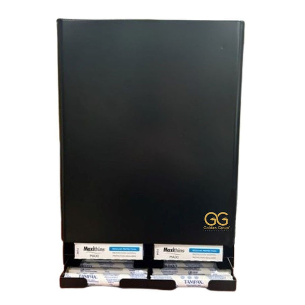 Tampon and sanitary pad dispenser for free vending of tampons and pads. Cabinet locks with a key. Durable black steel. Model number: SD9000BK, front view