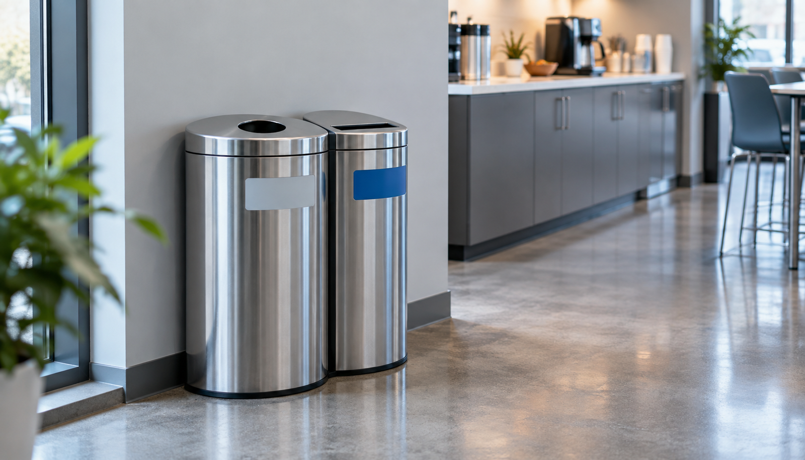 Stainless steel recycling receptacles in an office break room