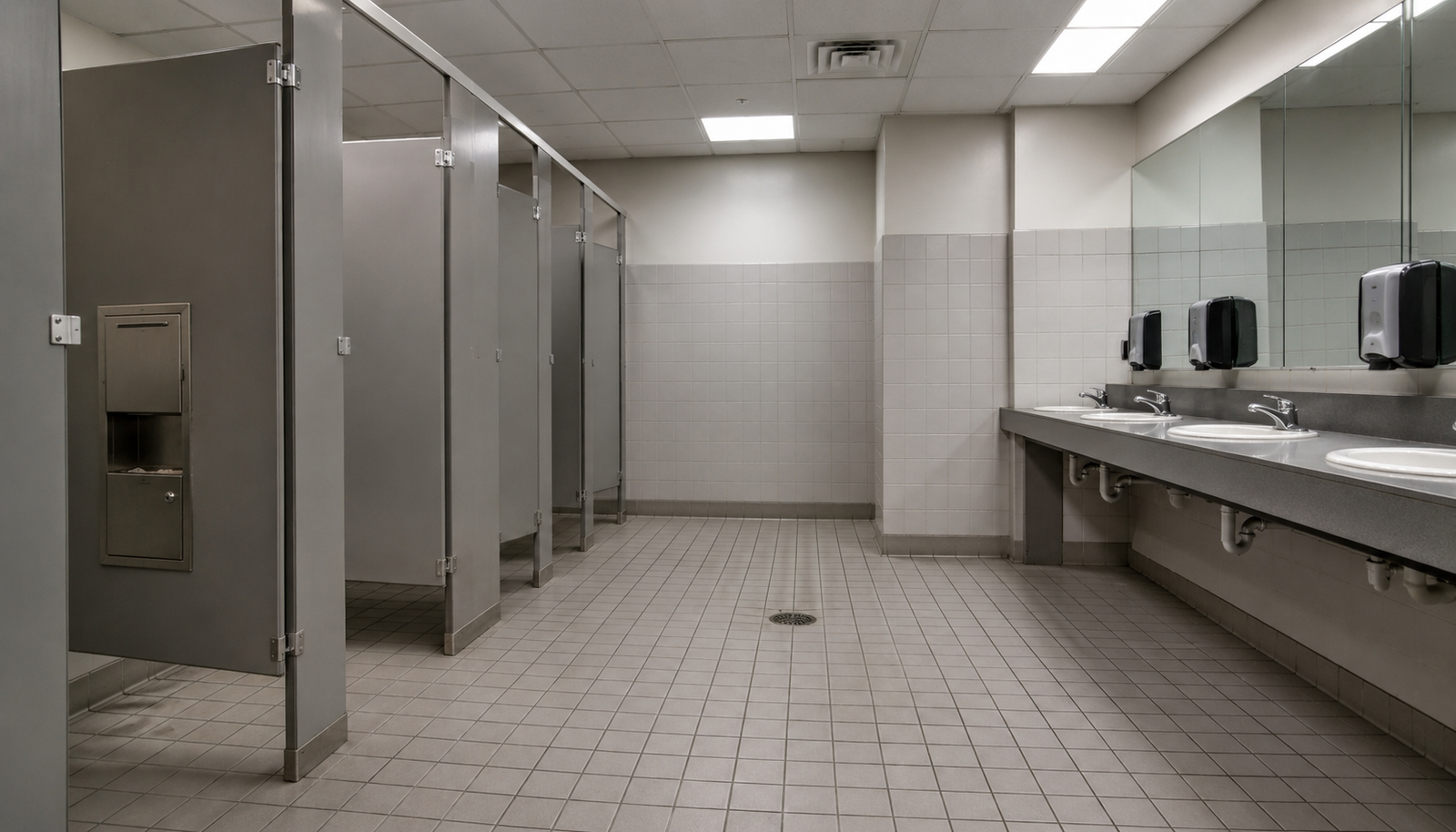 Commercial restroom stalls, disposal receptacle, floor drain, and ceiling exhaust vent