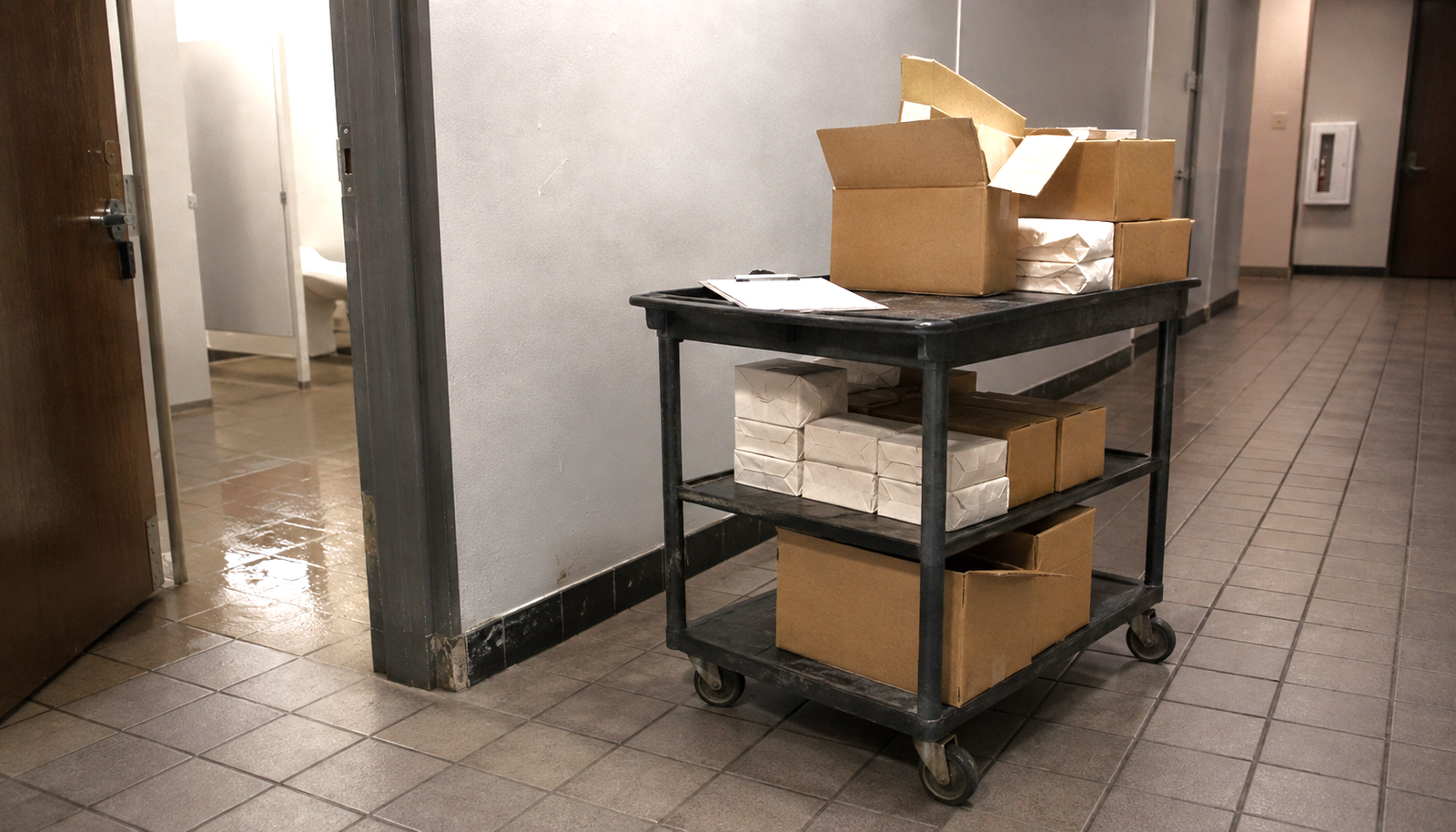 Janitorial storage closet with wire shelving of stacked supply cases