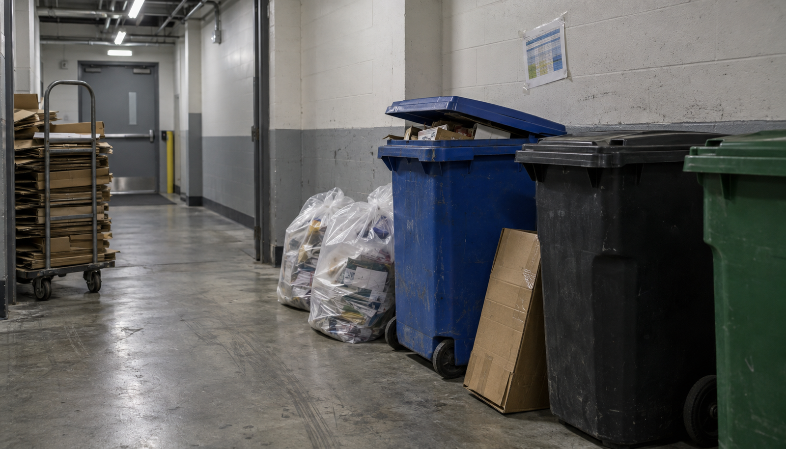 Blue, black, and green wheeled waste bins with bagged recyclables