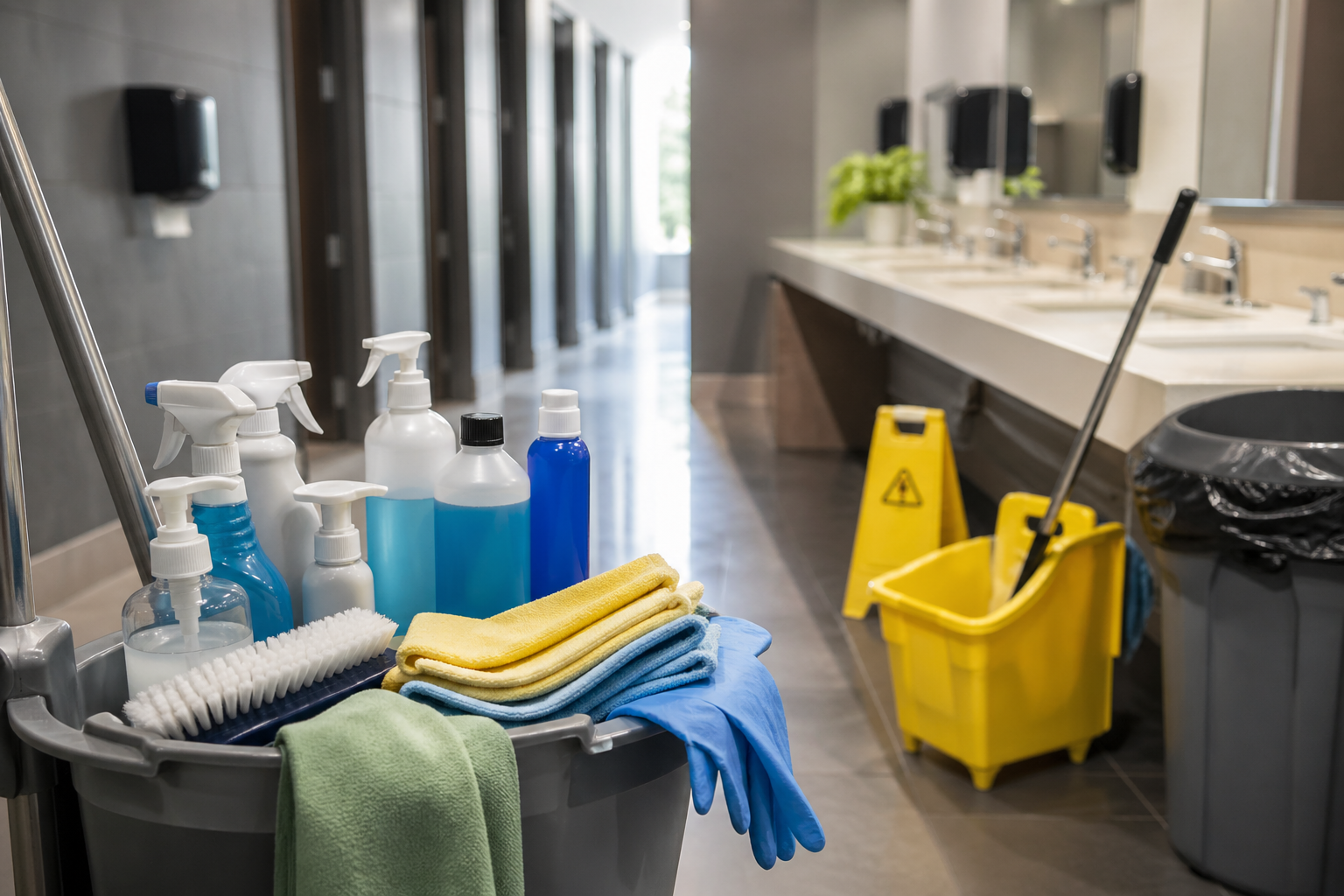 Cleaning materials setup for facility audit checklist in restroom