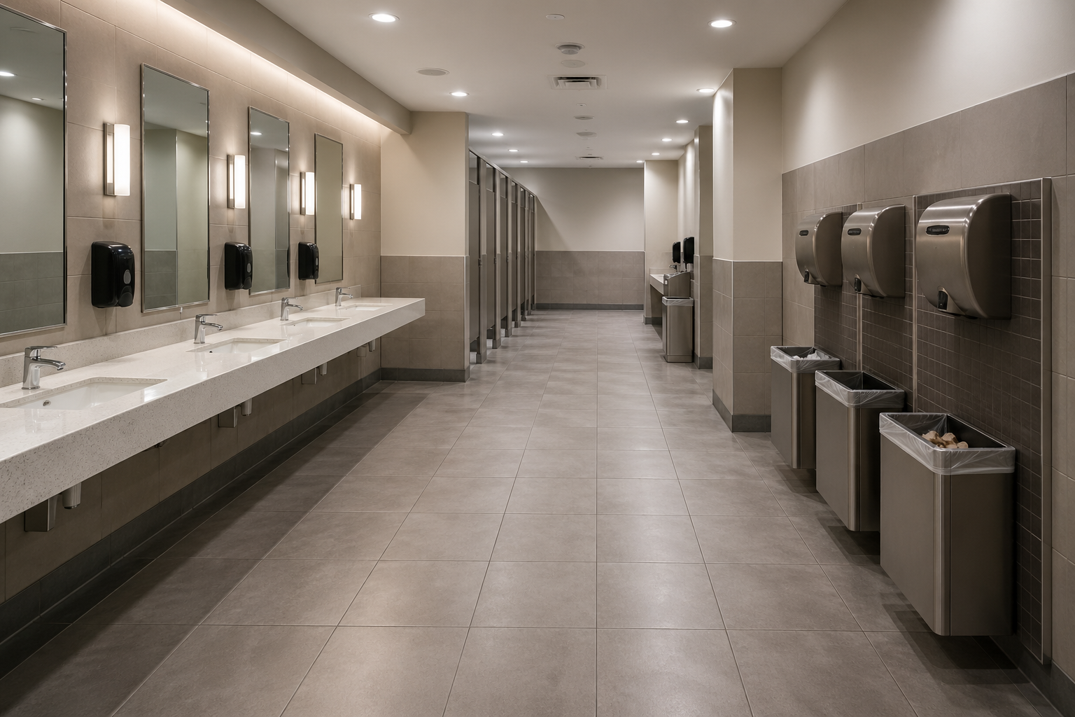 Commercial restroom showing efficient traffic flow design
