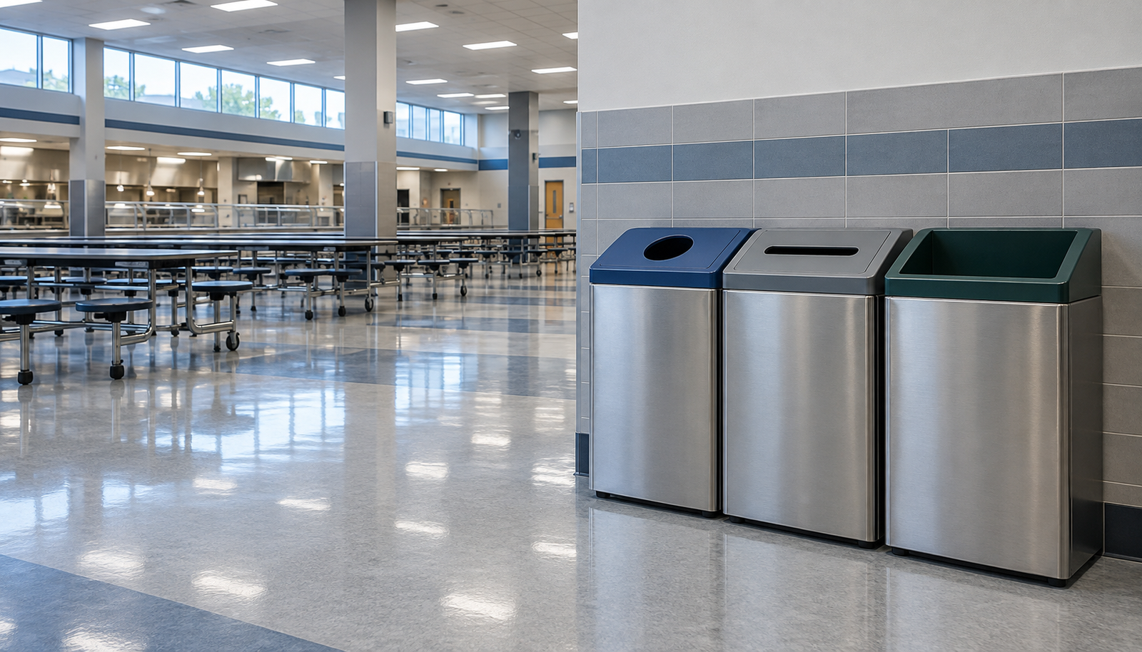 Three-stream recycling station with round, slot, and open-top receptacles in a school cafeteria
