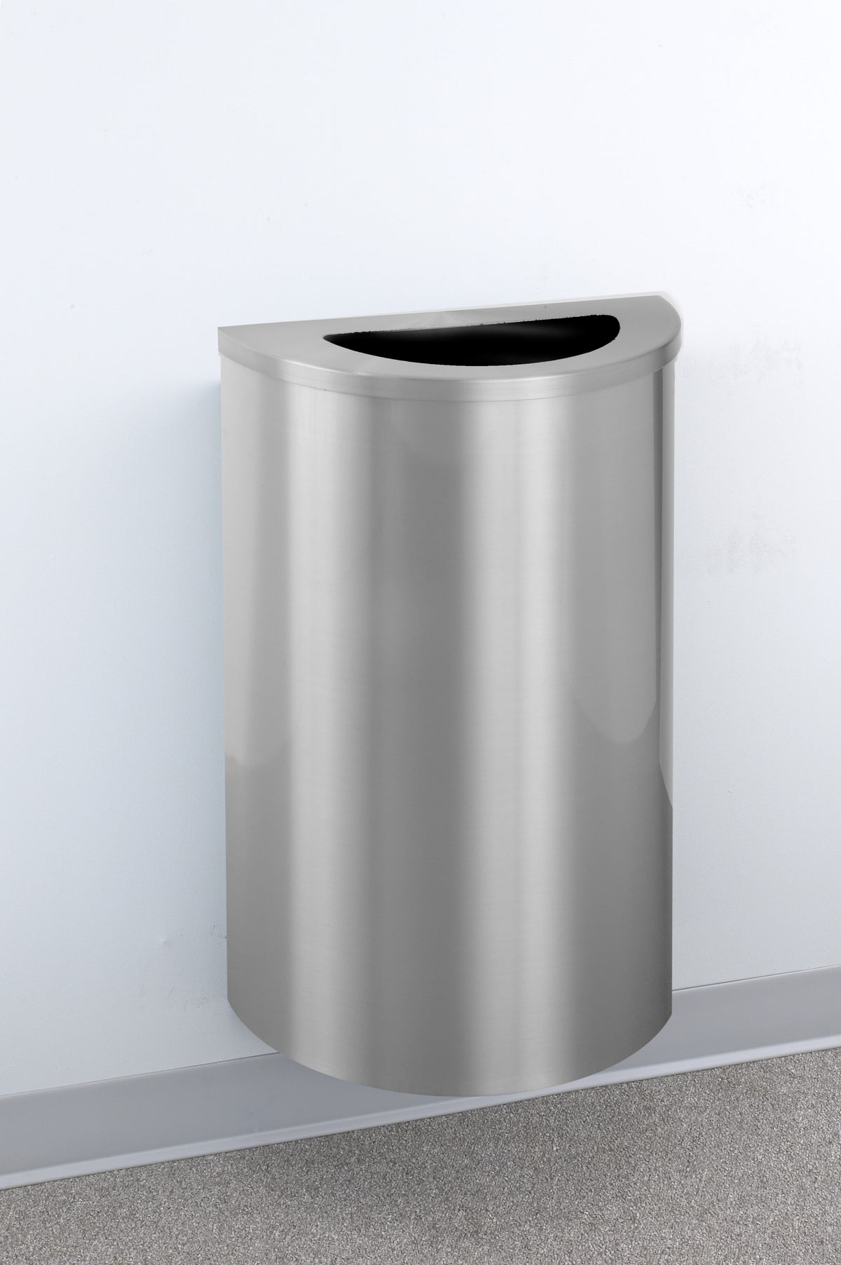 Glaro  "Profile" 18" Half Round Waste Receptacle – Hinged Lid with Satin Aluminum Finish & Plastic Liner | Made in USA