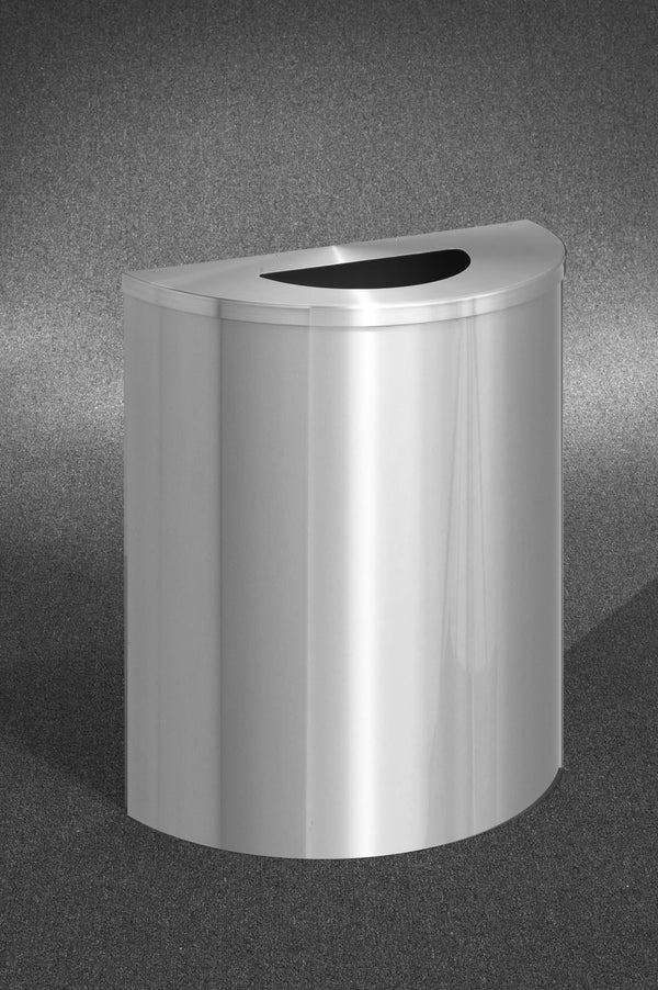 Glaro 24” Half Round Waste Receptacle – 24 & 29 Gallon Capacity, Satin Aluminum, Wall-Mountable, Made in USA