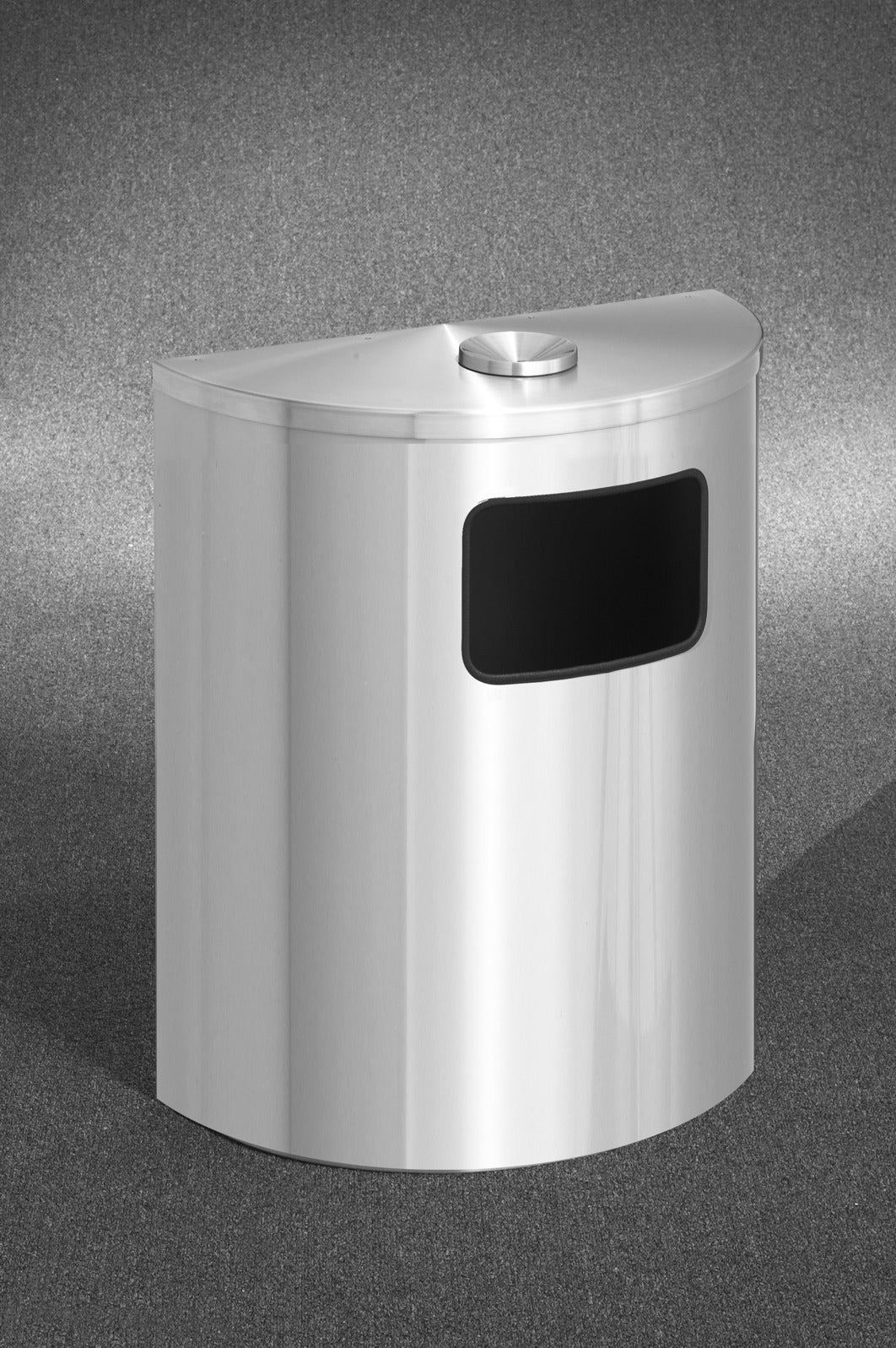 Glaro 24” Half Round Waste Receptacle – 24 & 29 Gallon Capacity, Satin Aluminum, Wall-Mountable, Made in USA