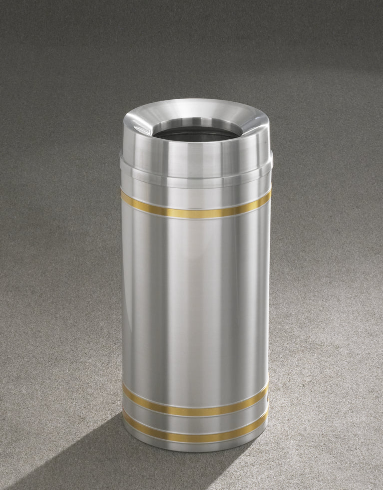 Glaro Capri Banded Commercial Trash Can – Funnel Top, Satin Aluminum Finish with Satin Brass Bands, 12, 16 & 33 Gallon, Indoor (F1234SA, F1534SA, F2034SA)