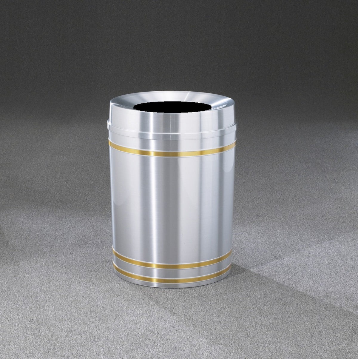 Glaro Capri Banded Commercial Trash Can – Funnel Top, Satin Aluminum Finish with Satin Brass Bands, 12, 16 & 33 Gallon, Indoor (F1234SA, F1534SA, F2034SA)