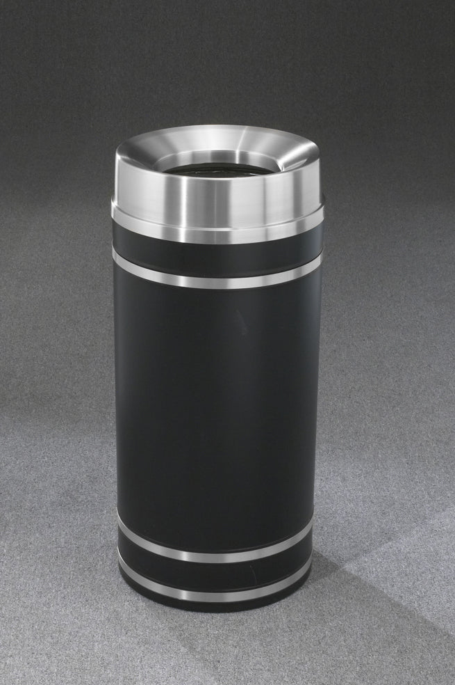 Glaro Monte Carlo Commercial Trash Can – Funnel Top,  12, 15, 33 Gallon, Designer color base with Satin Aluminum Trim  (F1256*, F1556*, F2056*)