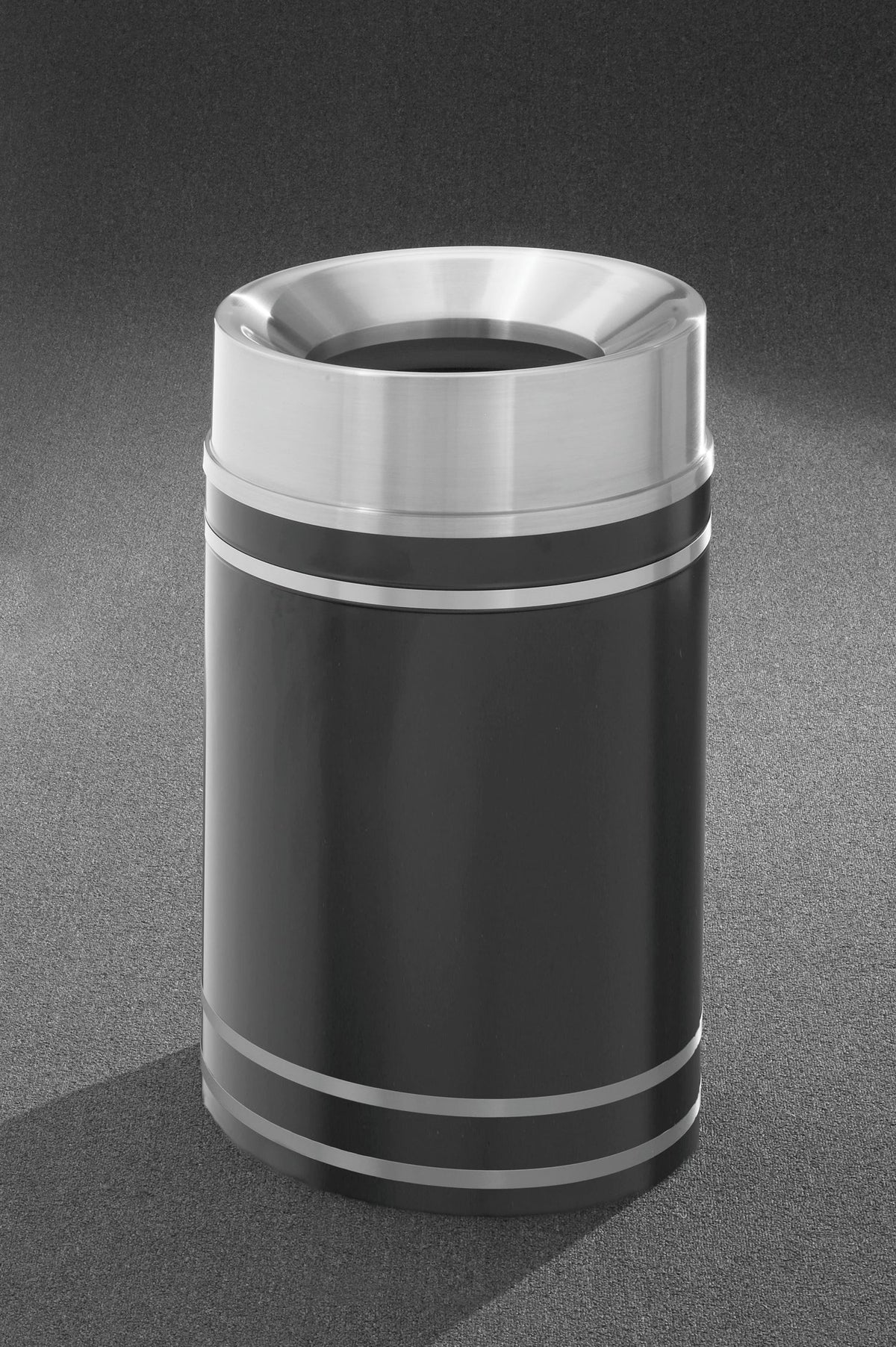 Glaro Monte Carlo Commercial Trash Can – Funnel Top,  12, 15, 33 Gallon, Designer color base with Satin Aluminum Trim  (F1256*, F1556*, F2056*)