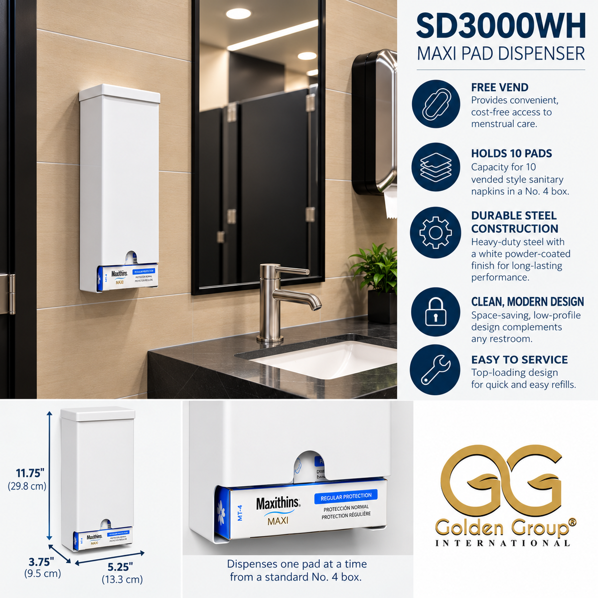 Golden Group International SD3000 Commercial Free-Vend Sanitary Napkin Dispenser | Made in USA