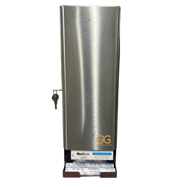 The SD5000SS - Stainless steel, dual tampon and sanitary napkin dispenser by Golden Group International. Lockable cabinet, front view, wall mountable for use in public restrooms to provide 