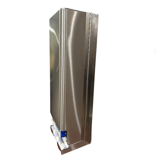 The SD5000SS - Stainless steel, dual tampon and sanitary napkin dispenser by Golden Group International. Lockable cabinet, showing the side hinge view, wall mountable for use in public restrooms to provide 