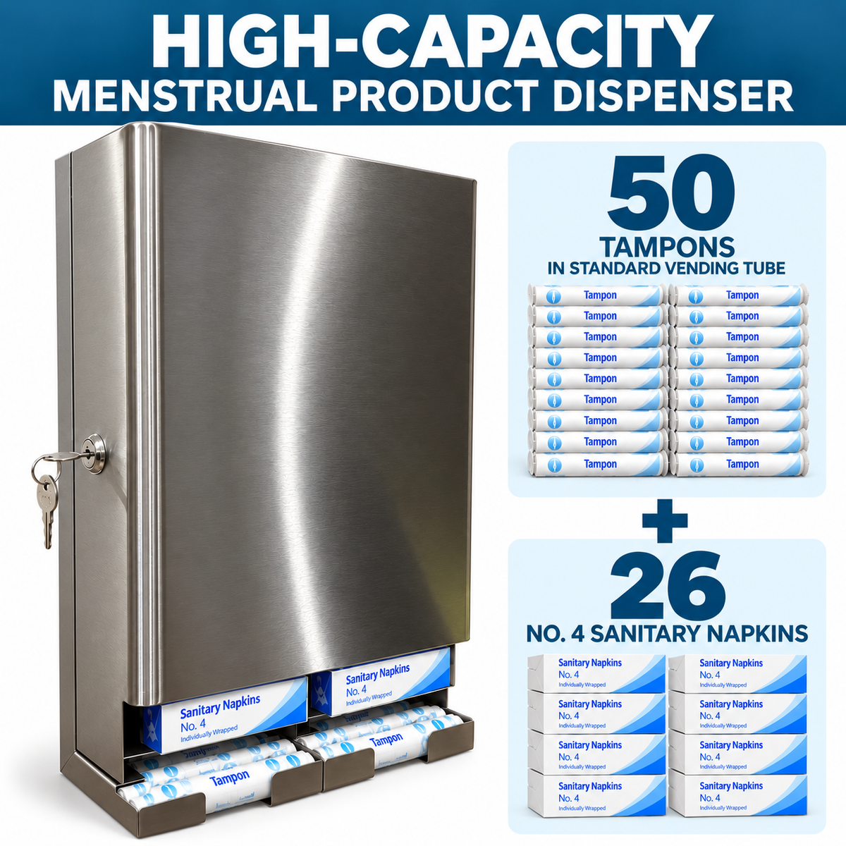 Golden Group International SD9000 High Capacity Tampon & Sanitary Napkin Dispenser – ADA-Friendly Design, Free Vend, Wall-Mounted Commercial Restroom Unit, Made in USA