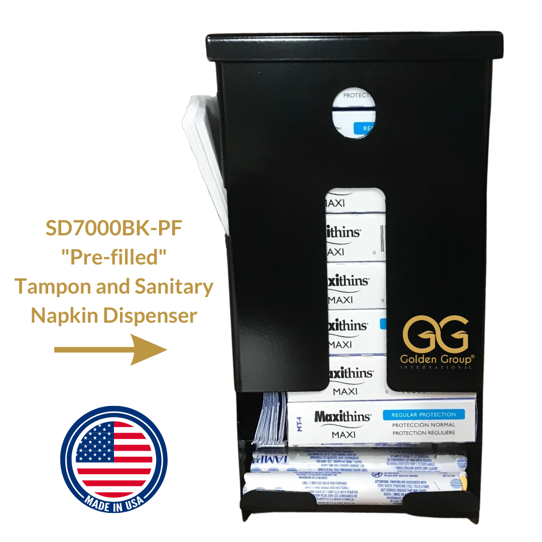SD7000-PF Pre-Filled Courtesy Dispenser – Tampons, Pads & Disposal Bags, Compact, Wall-Mounted