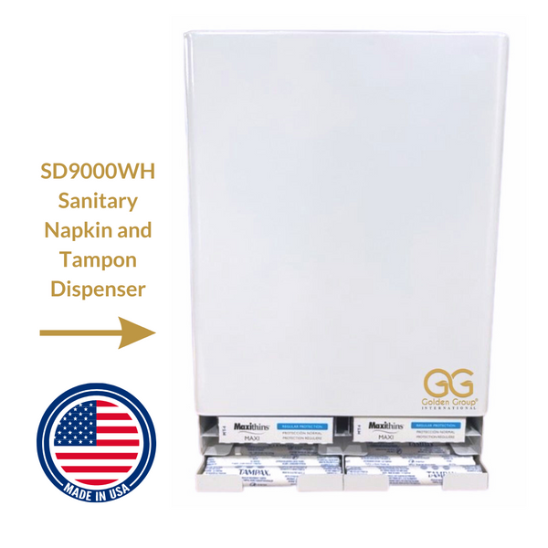 Tampon and sanitary napkin dispenser for free vending of tampons and pads. Cabinet locks with a key. White steel. Model number: SD9000WH. front view 