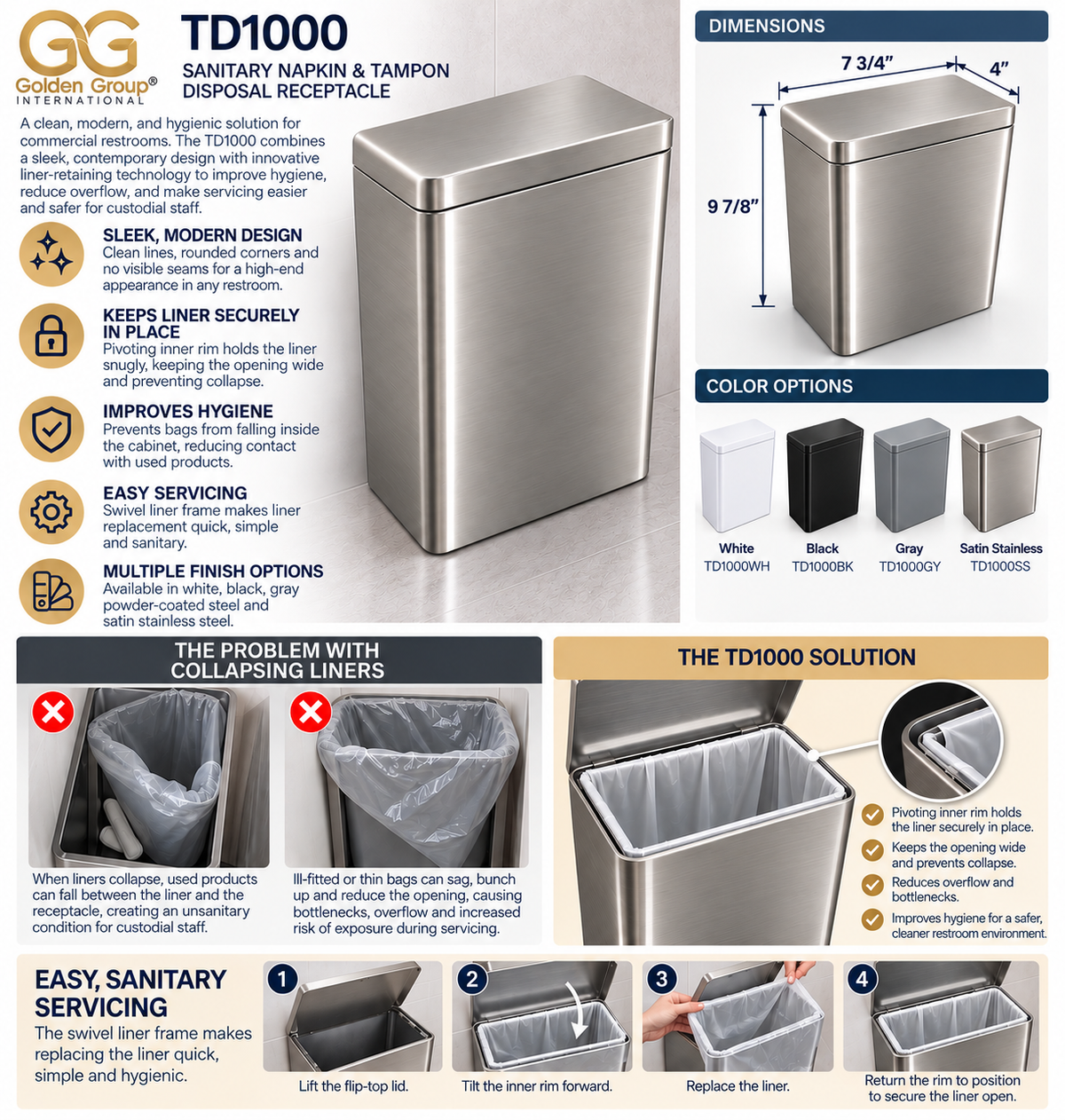 Golden Group International Sanitary Napkin Disposal Receptacle (TD1000) - Steel