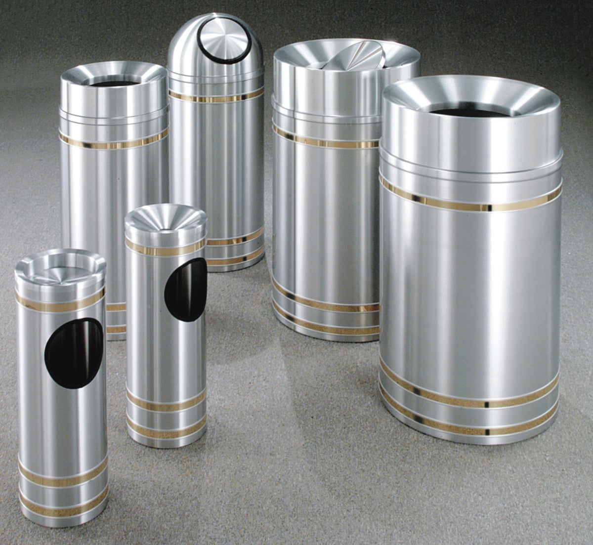 Glaro Capri Banded Commercial Trash Can – Funnel Top, Satin Aluminum Finish with Satin Brass Bands, 12, 16 & 33 Gallon, Indoor (F1234SA, F1534SA, F2034SA)
