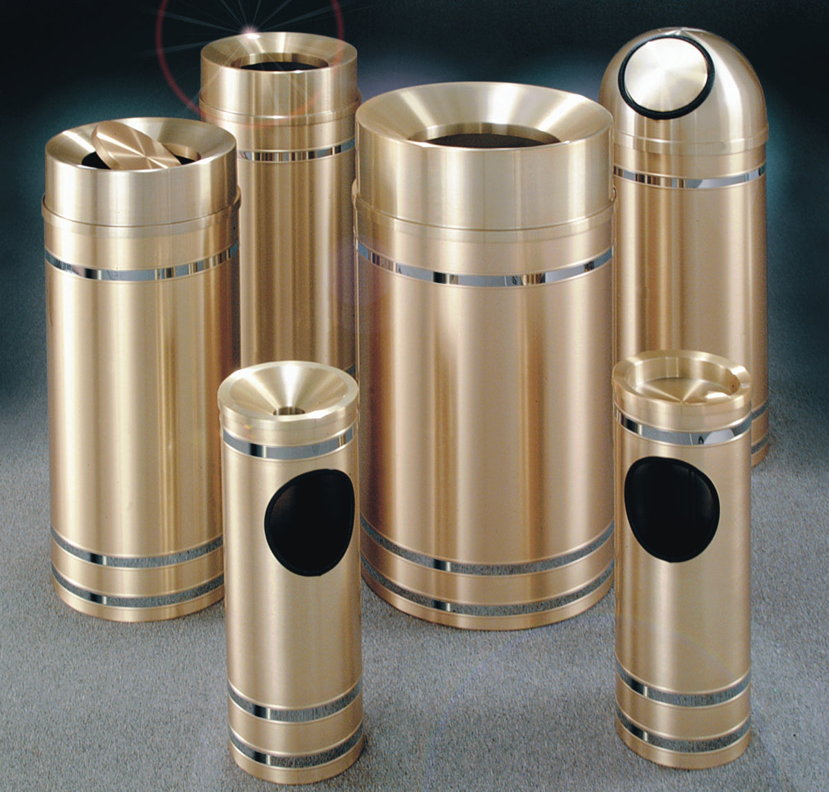 Glaro Capri Banded Commercial Trash Can – Funnel Top, Satin Brass Finish with Satin Aluminum Bands, 12, 16 & 33 Gallon, Indoor (F1234BE, F1534BE, F2034BE)
