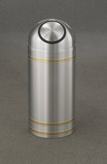 Glaro Capri Banded Commercial Trash Can – Self-Closing Dome Top, Satin Aluminum with Satin Brass Bands, 8 & 16 Gallon, Indoor (S1234SA, S1534SA)