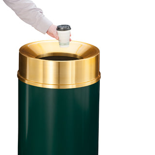 Glaro Mount Everest Designer Powder Coat Commercial Trash Can – Funnel Top, 6, 12, 16 & 33 Gallon, Satin Brass Lid, Indoor (F924*BE, F1232*BE, F1533*BE, F2035*BE)