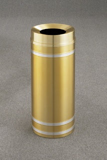 Glaro Capri Banded Commercial Trash Can – Funnel Top, Satin Brass Finish with Satin Aluminum Bands, 12, 16 & 33 Gallon, Indoor (F1234BE, F1534BE, F2034BE)