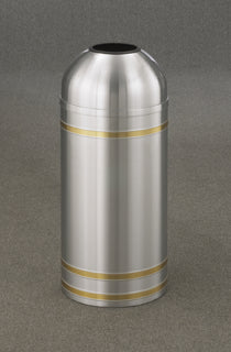 Glaro Capri Banded Commercial Trash Can – Open Dome Top, Satin Aluminum with Satin Brass Bands, 8 & 16 Gallon, Indoor (T1234SA, T1534SA)