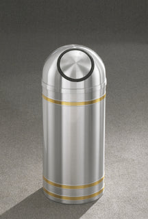 Glaro Capri Banded Commercial Trash Can – Self-Closing Dome Top, Satin Aluminum with Satin Brass Bands, 8 & 16 Gallon, Indoor (S1234SA, S1534SA)