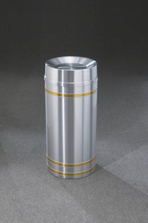 Glaro Capri Banded Commercial Trash Can – Tip-Action Top, Satin Aluminum with Satin Brass Bands, 12, 16 & 33 Gallon, Indoor (TA1234SA, TA1534SA, TA2034SA)