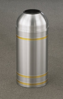 Glaro Capri Banded Commercial Trash Can – Open Dome Top, Satin Aluminum with Satin Brass Bands, 8 & 16 Gallon, Indoor (T1234SA, T1534SA)