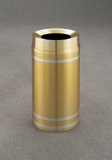 Glaro Capri Banded Commercial Trash Can – Funnel Top, Satin Brass Finish with Satin Aluminum Bands, 12, 16 & 33 Gallon, Indoor (F1234BE, F1534BE, F2034BE)