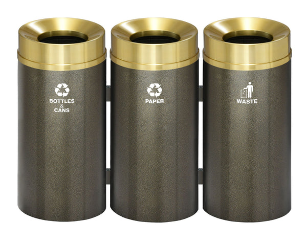 Glaro RecyclePro Deluxe 3-Unit Modular Recycling Station – 48 Gallon with Satin Brass Lids & Custom Base | Made in USA