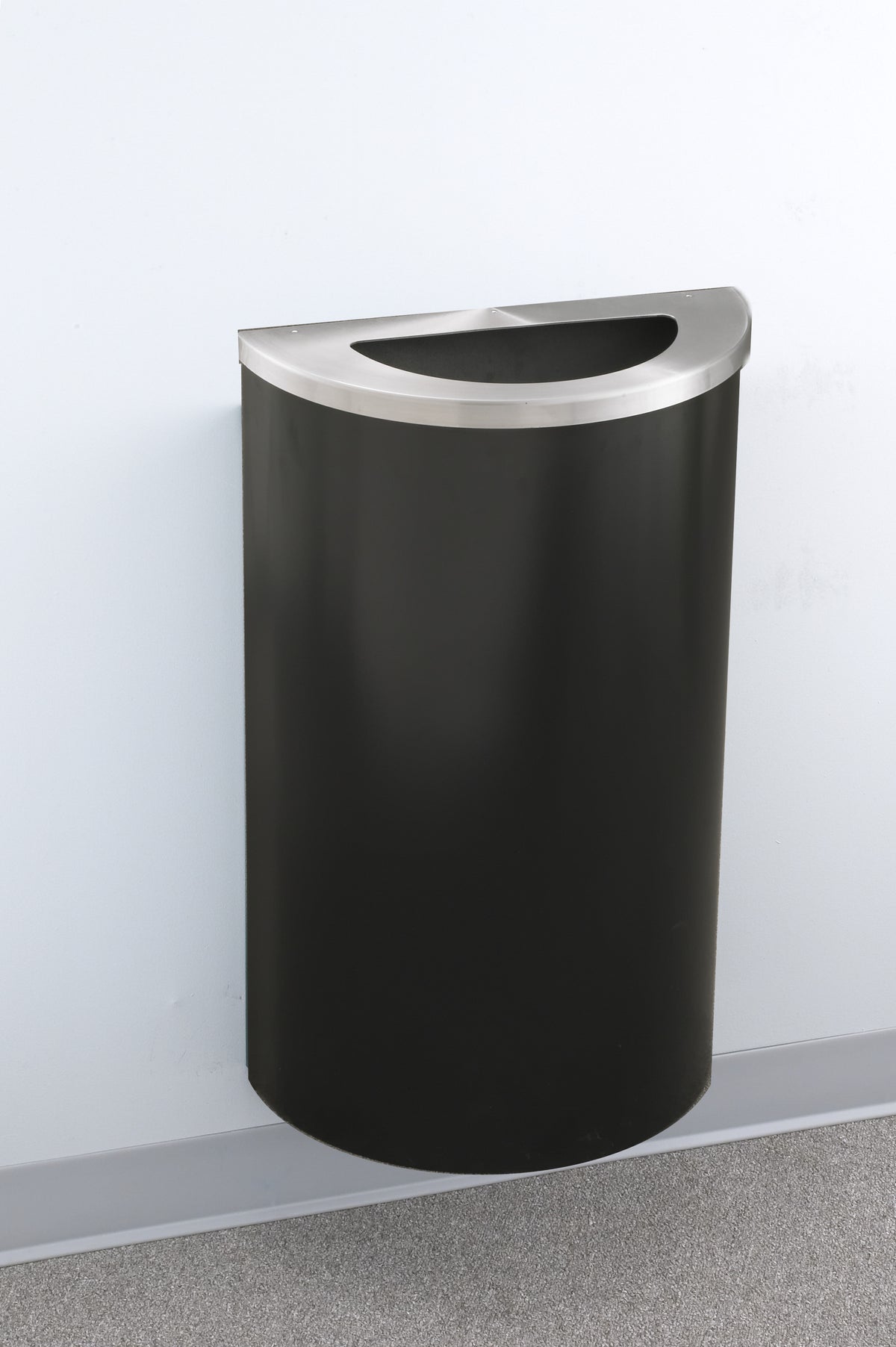Glaro  "Profile" 18" Half Round Waste Receptacle – Hinged Lid with Satin Aluminum Finish & Plastic Liner | Made in USA