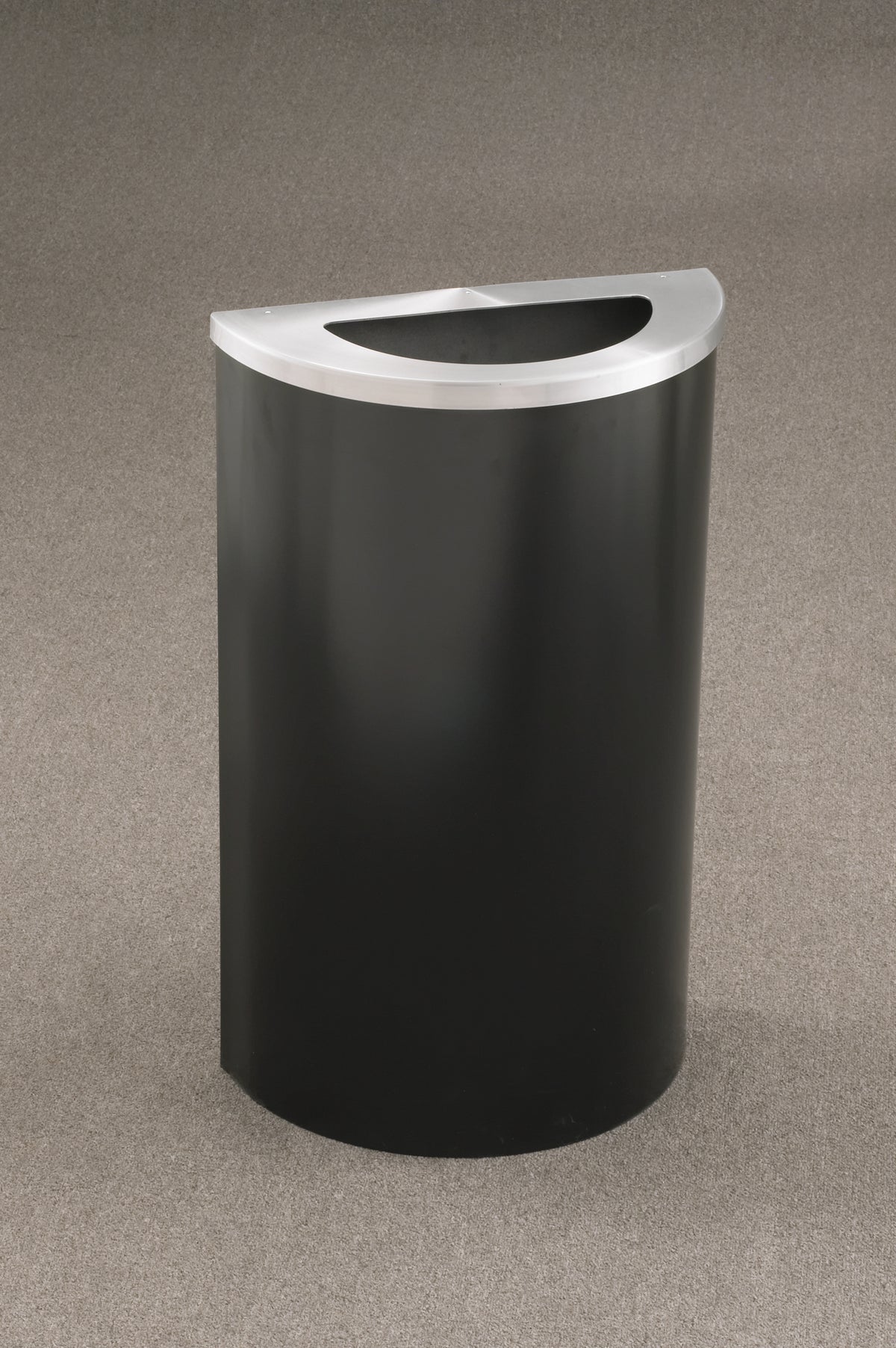 Glaro  "Profile" 18" Half Round Waste Receptacle – Hinged Lid with Satin Aluminum Finish & Plastic Liner | Made in USA