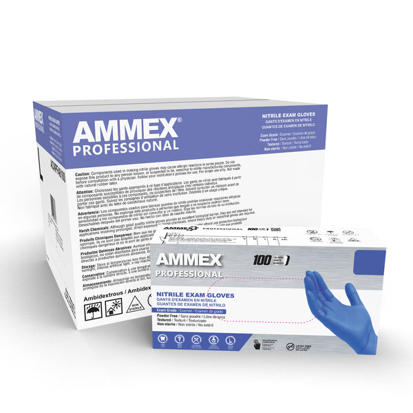 AMMEX Exam Blue Nitrile PF Disposable Gloves (Case of 1000)