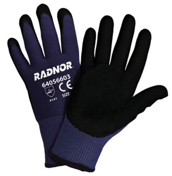 RADNOR® Gauge Black Nitrile And Micro-Foam Palm And Finger Coated Work Gloves With Blue Nylon Liner And Knit Wrist