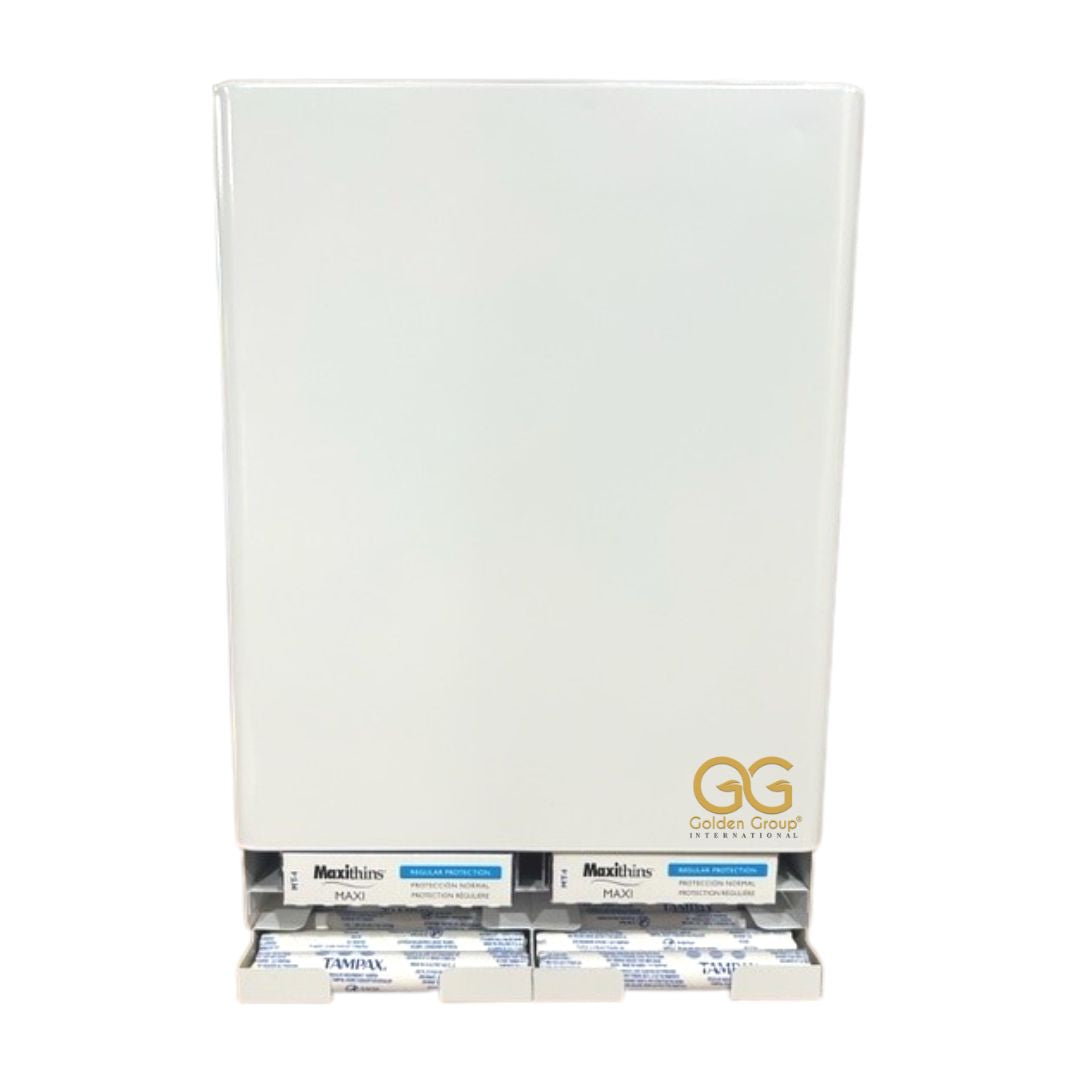 Tampon and sanitary pad dispenser for free vending of tampons and pads. Cabinet locks with a key. Durable white steel. Model number: SD9000WH, front view