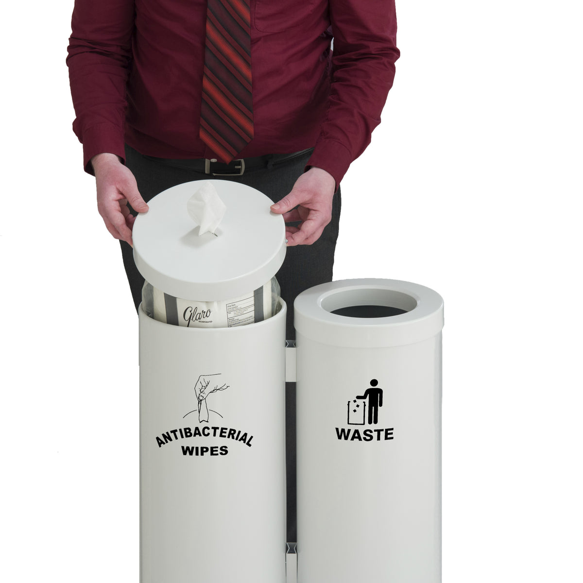 Glaro Floor Standing Antibacterial Wipes Station with Trash Receptacle | Made in USA